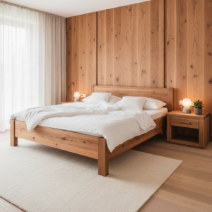 Zirbenholz Schlafzimmer mit Massivholzbett und Wandverkleidung aus Zirbe – Schreinerei Kirchhoff