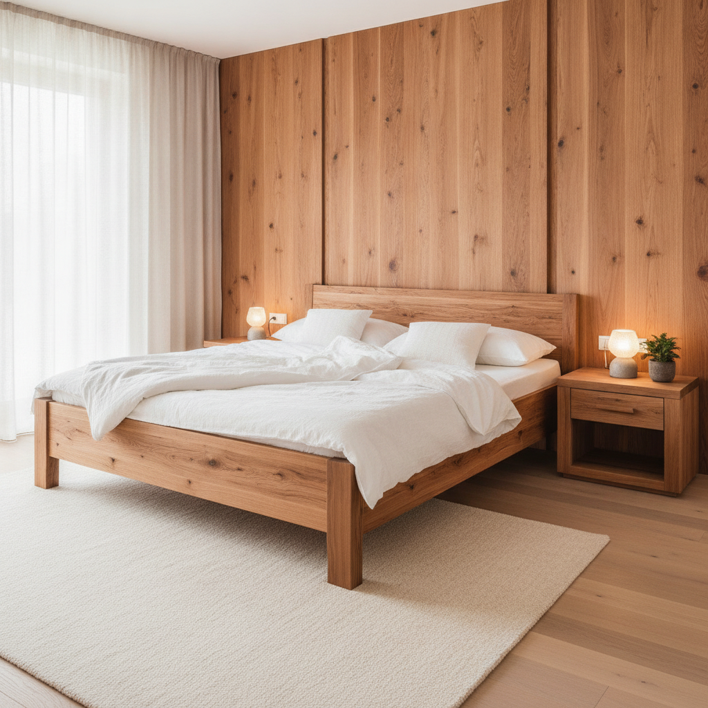 Zirbenholz Schlafzimmer mit Massivholzbett und Wandverkleidung aus Zirbe – Schreinerei Kirchhoff